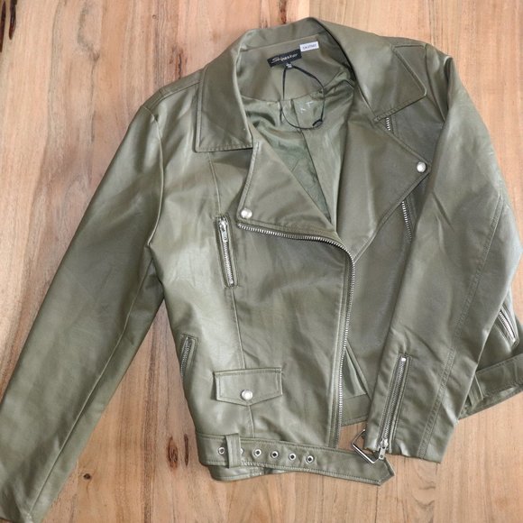 ShineStar - Faux Leather Moto Jacket (Army Green, L) - Picture 1 of 10